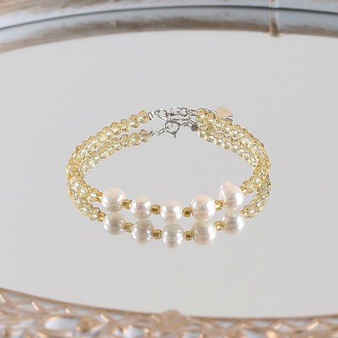 1 Strand Natural Yellow Quartz And Pearl Beads Bracelet,17-19cm,4×3mm,7mm,5.8g