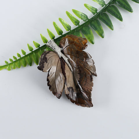 New Natural Chohua Jasper Handcarved Leaf Pendant,925 Sterling Silver Pinch Bail,59x43x8mm,21g