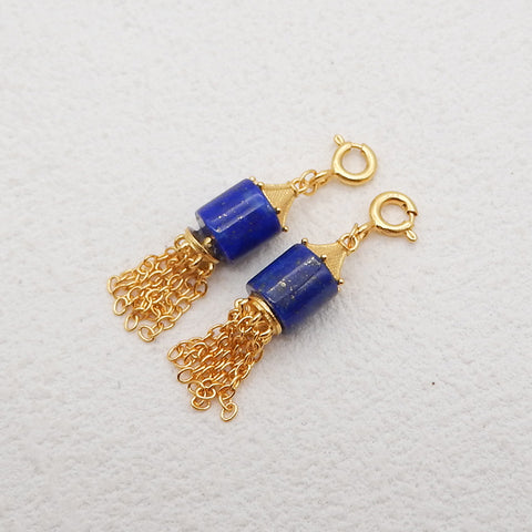 BITEFU 1 Pair Silver Gold Plated Natural High Quality Lapis Lazuli Cylindrical Tassel Gemstone Earring Beads 3g