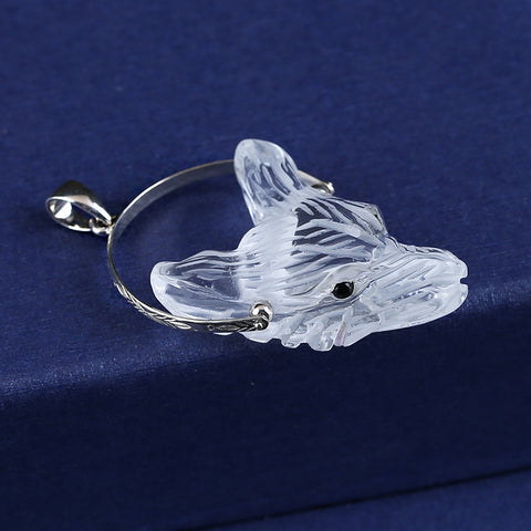 White Crystal Carved Wolf Head Pendant With 925 Sterling Silver,35x26x13mm, 13g