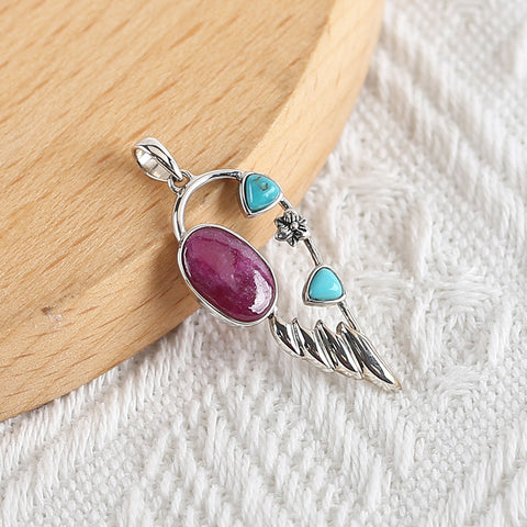 New Arrival!Handmade Jewelry Sterling Silver 925,Turquoise And Ruby Pendant,35×16×4mm, 2.8g