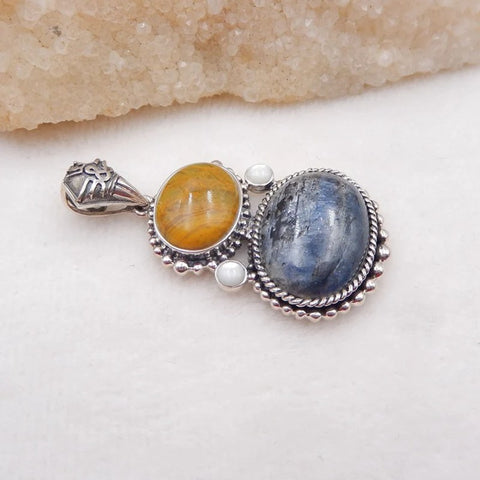 Intarsia of Yellow Opal and Blue Kyanite Pendant with 925 Sterling Silver 18x13x8mm, 24x16x8mm, 19.4g