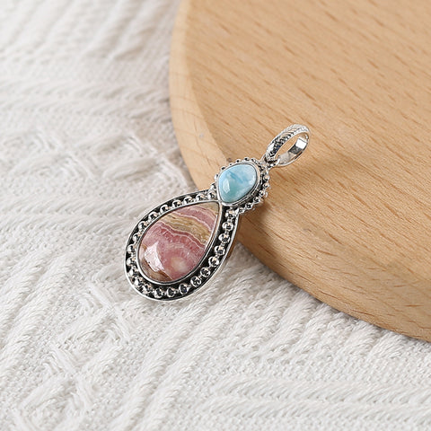 Handmade Pendant,Blue Aquamarine and Argentina Rhodochrosite Pendant, 925 Sterling Silver Pendant,42x20x5mm,9.7g