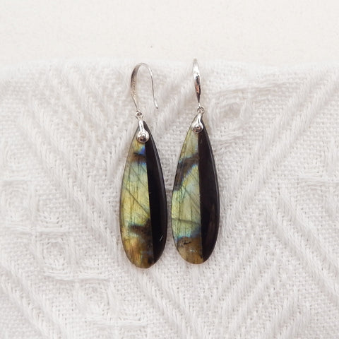 New Natural Obsidian And Labradorite Intarsia Teardrop Earrings,925 Sterling Silver, 41×13×4mm, 6.8g