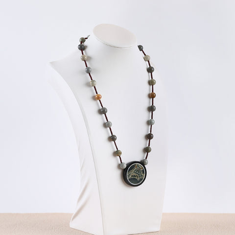 Natural Wave Jasper,Obsidian And Ocean Jasper And MOP(Mother Of Pearl) Gemstone Necklace,Best Gemstone Jewelry Gift,1 Strand,20 Inch,37x6mm,10mm,44.4g