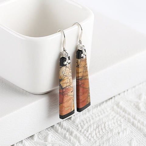 New Natural Obsidian And Multi-Color Picasso Jasper Intarsia Earrings , 925 Sterling Silver, 38x11x4mm, 7.5g