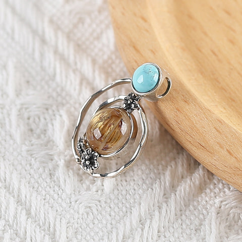 New Arrival!Handmade Jewelry Sterling Silver 925 Turquoise And Gold Rutilated Quartz  Pendant,26×18×7mm, 3.4g