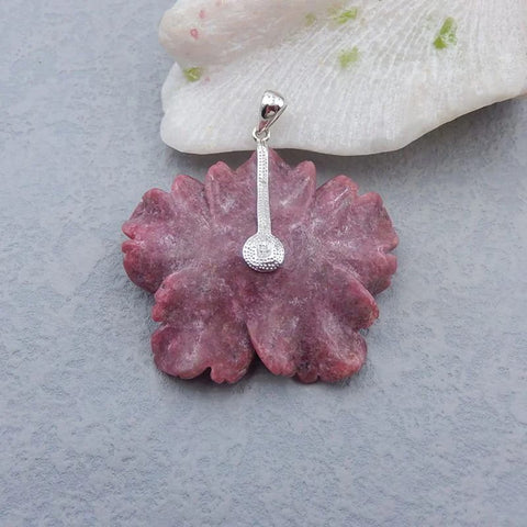 Natural Rhodonite Carved flower Pendant with 925 Sterling Silver Pinch Bail 58x55x10mm, 43g