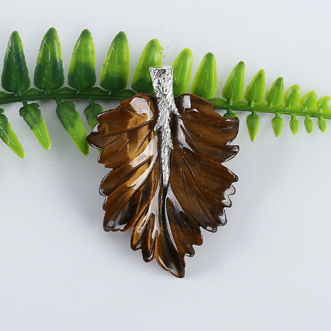 New Natural Tiger-Eye Handcarved Leaf Pendant,925 Sterling Silver Pinch Bail,52x37x7mm,11g