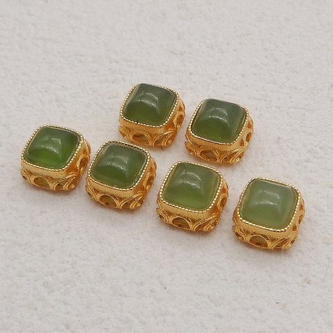 BITEFU 1Pair Silver Gold Plated Natural Jade Gemstone Pendant Bead, Jewelry DIY Making, 0.9g