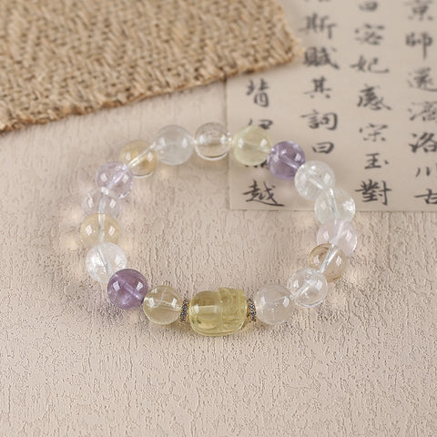 BITEFU Handmade Natural Amethyst And White Quartz, Citrine ,Colorful Gemstone Bracelet, Unique Gemstone Jewelry , 25.5g