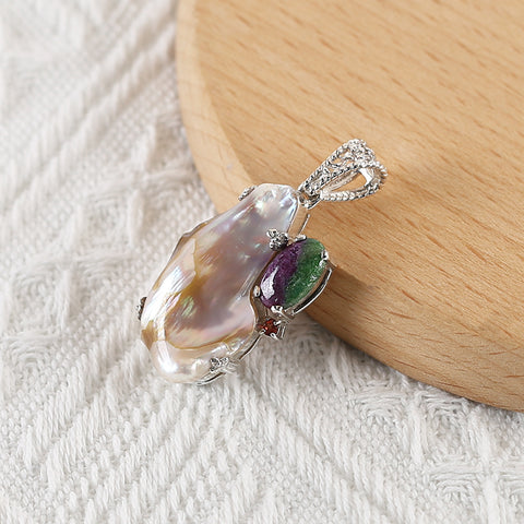 Sterling Silver 925 With Ruby And Zoisite, MOP  Intarsia Gemstone Pendant, 45x22x10mm, 11.8g