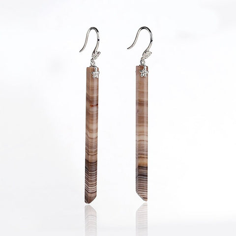 Natural Wood Fossil Long Dangle Earrings with 925 Sterling Silver Accessory 56x4mm, 5.4g