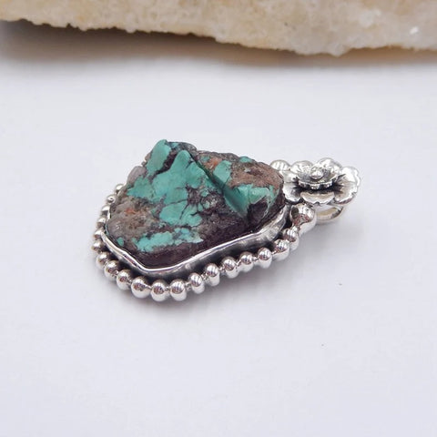 Natural Turquoise Pendant with 925 Sterling Silver flower Accessory 37x25x10mm, 14.2g