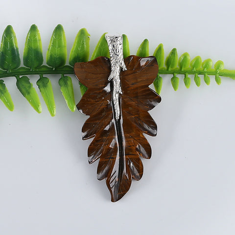 New Natural Tiger-Eye Handcarved Leaf Pendant,925 Sterling Silver Pinch Bail,58x29x8mm,9.5g