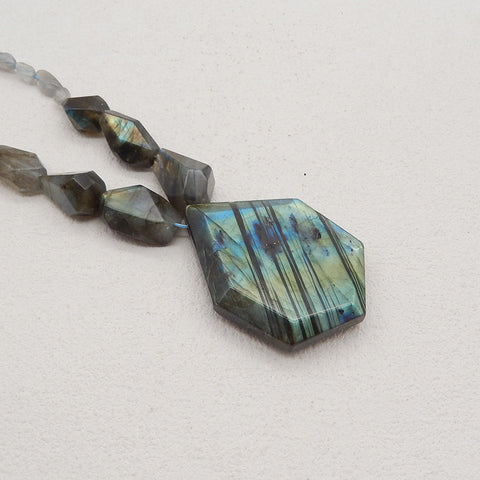 Natural Labradorite Faceted Pendant Gemstone Necklaces, Labradorite Gemstone Necklaces,50x36x10mm,6x5x4mm,20 Inch,58g