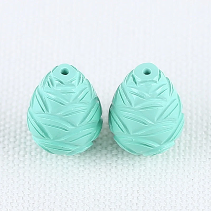 Carved Turquoise Pinecone Shape Gemstone Earring Pair (Top Half Drilled), Unique Drilled Cabochon Pair, Gemstone Wholesale, 13x18mm, 7.1g