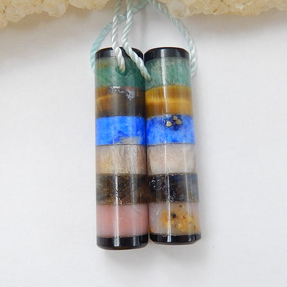 Intarsia of Obsidian, Amazonite, Tiger-Eye, Lapis Lazuli, Sunstone, Labradorite and Pink Opal Earring Beads 28x7mm, 5.9g