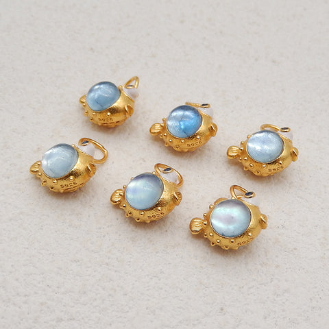 1 Pair Silver Gold Plated Natural Blue Aquamarine Pufferfish Gemstone Earring Beads,Lovely Earring Pair for Design,9x10x7mm,1.3g