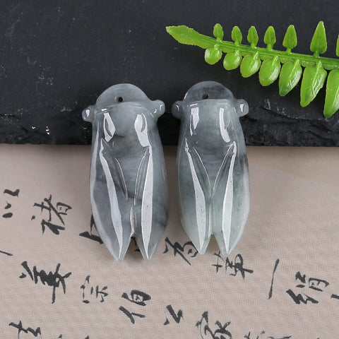 2 PCS Handmade Jewelry,Carved Natural Jade Cicada Gemstone Pendant Bead,Unique Stone Pendant,36x15x6mm,37x16x6mm,12.3g