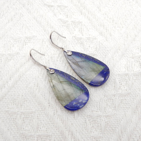 Nouveau Design Vente Chaude Lapis Lazuli et Labradorite Intarsia Boucles d'Oreilles en Forme de Larme, 925 Pièces en Argent Sterling, 33x18x4mm, 8.6g