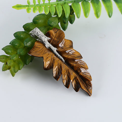 New Natural Tiger-Eye Handcarved Leaf Pendant,925 Sterling Silver Pinch Bail,58x29x8mm,9.5g