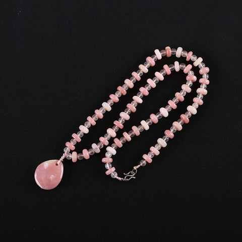 Natural Pink Opal And Rose Quartz Gemstone Necklace, Best Gemstone Jewelry Gift, 1 Strand 18 Inch, 24x21x7mm, 8x4mm, 5mm, 30.8g