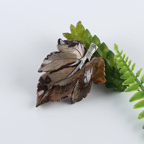 New Natural Chohua Jasper Handcarved Leaf Pendant,925 Sterling Silver Pinch Bail,59x43x8mm,21g