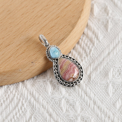 Handmade Pendant,Blue Aquamarine and Argentina Rhodochrosite Pendant, 925 Sterling Silver Pendant,42x20x5mm,9.7g