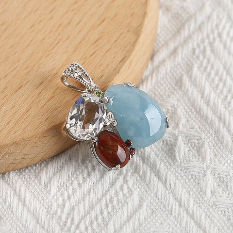 Handmade Pendant,Blue Aquamarine,Wood Fossil And Crystal Pendant, 925 Sterling Silver Pendant,38×30×11mm,16.5g