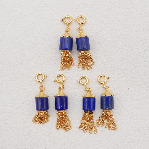 BITEFU 1 Pair Silver Gold Plated Natural High Quality Lapis Lazuli Cylindrical Tassel Gemstone Earring Beads 3g