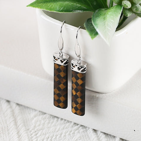 Natural Stone Tiger-Eye, Obsidian Intarsia Earrings With 925 Sterling Silver, 31x8x4mm, 6g