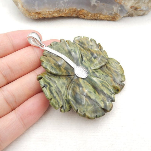 Natural Serpentine Carved flower Pendant with 925 Sterling Silver Pinch Bail 52x55x8mm