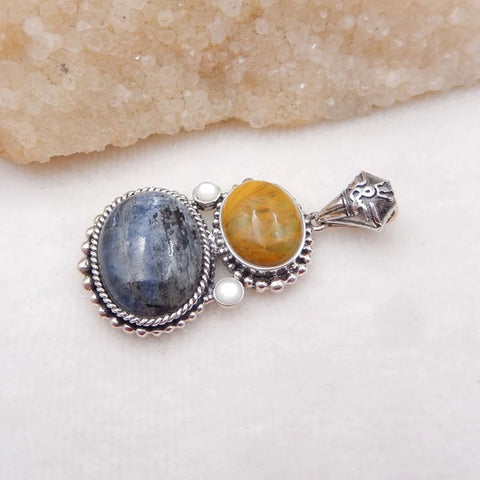 Intarsia of Yellow Opal and Blue Kyanite Pendant with 925 Sterling Silver 18x13x8mm, 24x16x8mm, 19.4g