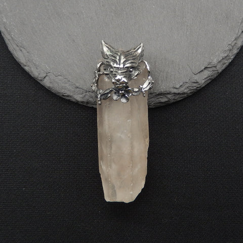 New! Natural Crystal Gemstone 925 Sterling Silver Wolf Head Pendant, Wolf Head Jewelry, 53x21x23mm, 26g