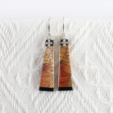 New Natural Obsidian And Multi-Color Picasso Jasper Intarsia Earrings , 925 Sterling Silver, 38x11x4mm, 7.5g