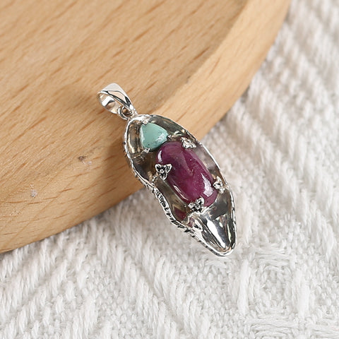 New Arrival!Handmade Jewelry Sterling Silver 925,Turquoise And Ruby Pendant,33×12×6mm, 3.6g