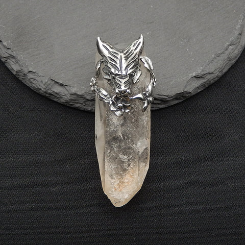 New! Natural Crystal Gemstone 925 Sterling Silver Wolf Head Pendant, Wolf Head Jewelry, 52x20x20mm, 22g