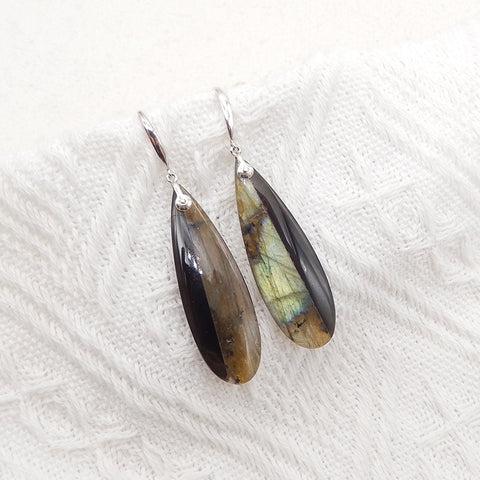 New Natural Obsidian And Labradorite Intarsia Teardrop Earrings,925 Sterling Silver, 41×13×4mm, 6.8g