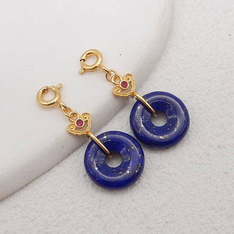 BITEFU 1Pair Silver Gold Plated Natural High Quality Lapis Lazuli Flat Round Gemstone Earring beads 2g