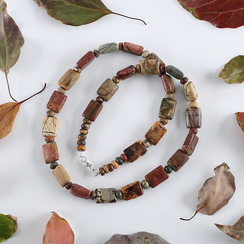 Hand-Woven,1 Strand 20 Inch Natural Multi-Color Picasso Jasper Gemstone Necklace,14x10x7mm,6x3mm,54g