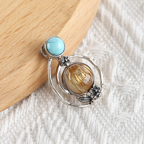 New Arrival!Handmade Jewelry Sterling Silver 925 Turquoise And Gold Rutilated Quartz  Pendant,26×18×7mm, 3.4g