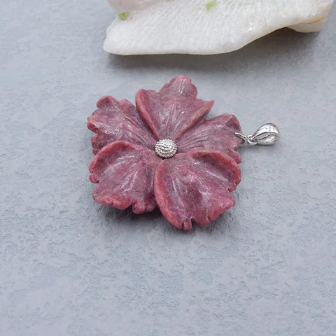 Natural Rhodonite Carved flower Pendant with 925 Sterling Silver Pinch Bail 58x55x10mm, 43g