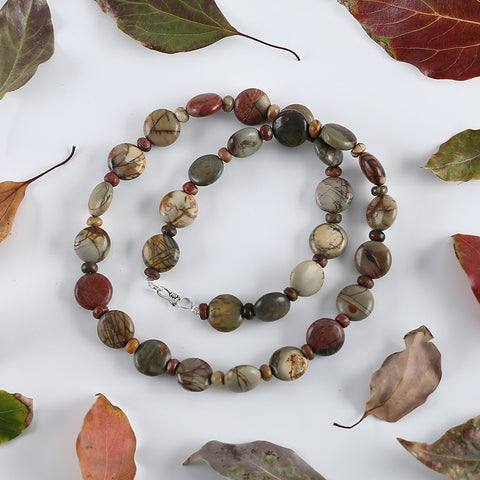 Hand-Woven,1 Strand 20 Inch Natural Multi-Color Picasso Jasper Gemstone Necklace,14x5mm,6x3mm,62g