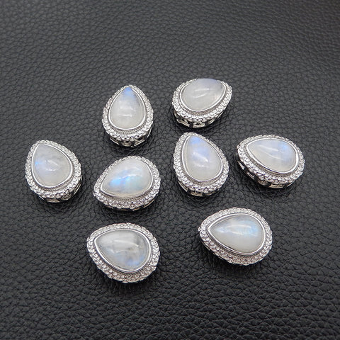 Natural Moonstone Brass Plated Silver Pendant Bead, Gemstone Jewelry Gift 20x16x12mm, 4.3g