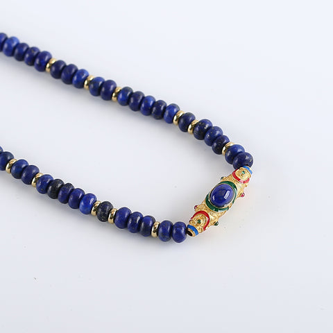 BITEFU 1 Strand Natural Lapis Lazuli Beads + Silver Gold Plated Pendant Gemstone Necklace For Jewelry Gift, 34.5g