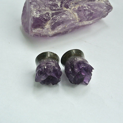 16mm Amethyst Ear Plugs With Geode Face And Flat Back, 13mm Thickness, 1.5mm Flare