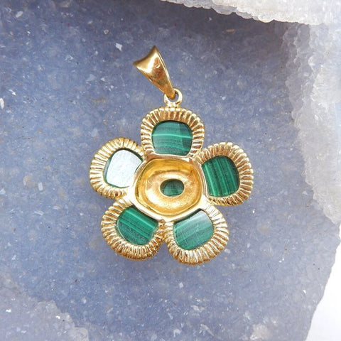 Natural Malachite Gemstone Pendant Carved flower with Copper Accessory 28x31x9mm, 9.3g