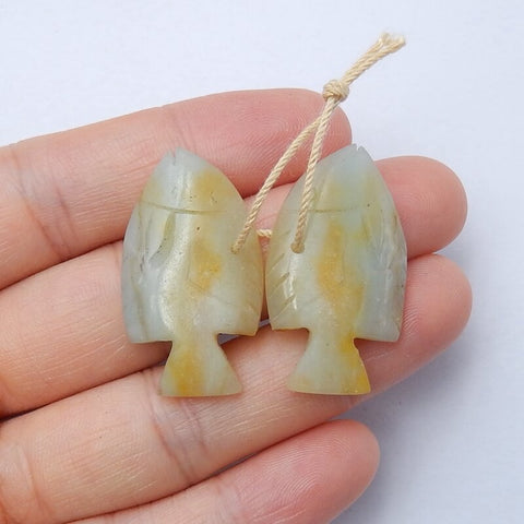 Vente chaude paire de boucles d'oreilles en poisson sculpté Amazonite, pierre pour la fabrication de boucles d'oreilles, 35x19x5mm, 8.7g