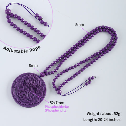 1 Strand Adjustable High Quality Phosphosiderite Gemstone  Necklace,Carved Purple Flower Pendant,24 Inch,52×7mm,5mm,8mm,52g